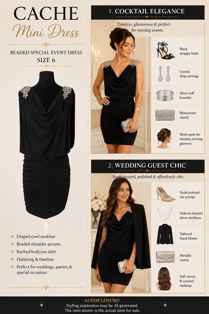 Cache Cocktail Dress 6 Black Beaded Cowl Neck Ruched Mini Party Wedding Guest